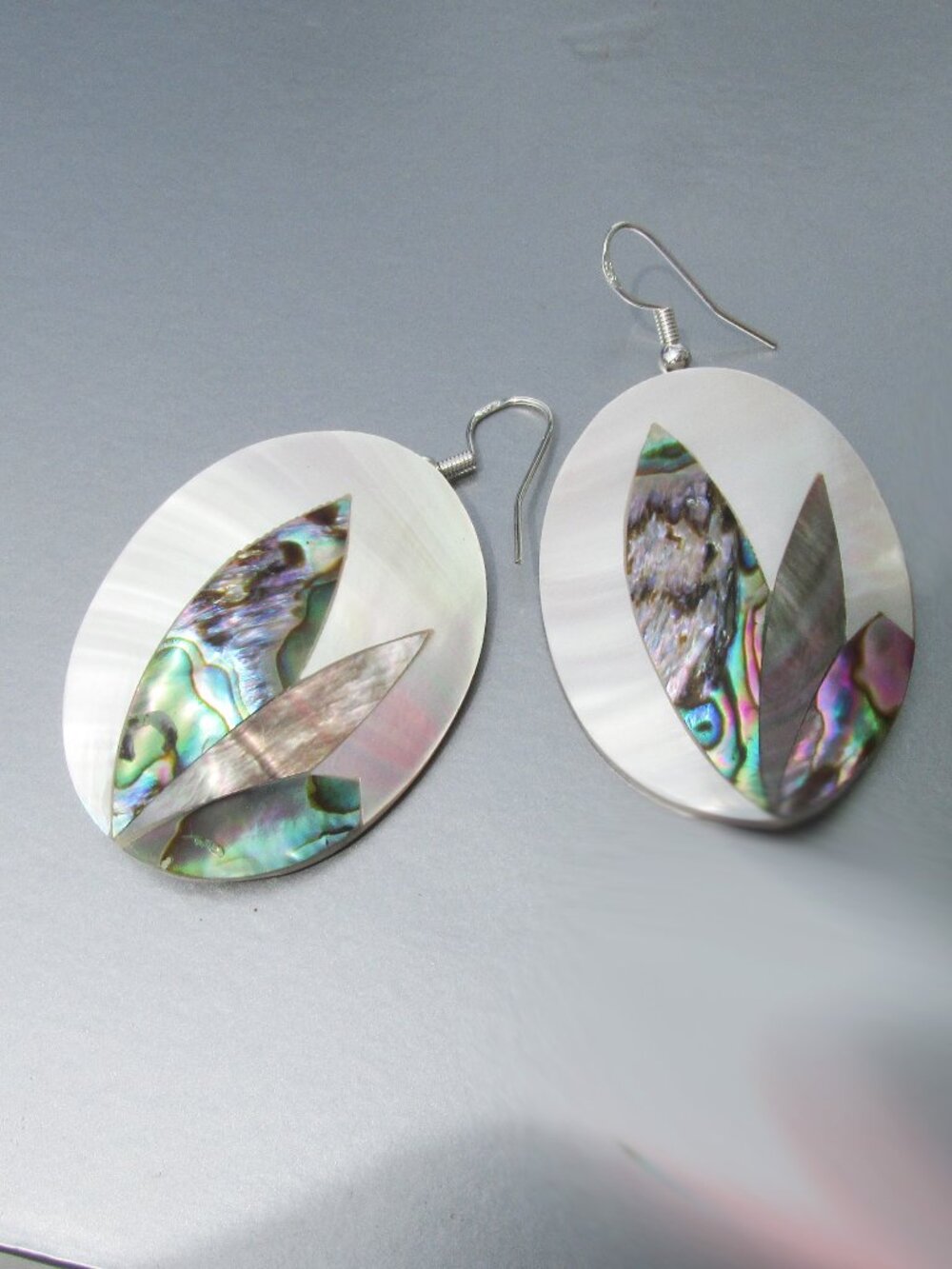 Handmade Repurposed Vintage ABALONE & MOP Shell Big Oval Dangle Earrings